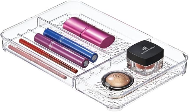 iDesign 48650 Makeup Organiser, Flat Plastic Cosmetics Organiser Tray with 6 Compartments for Bathroom Accessories, Makeup and Jewellery, Practical Drawer Insert, Clear