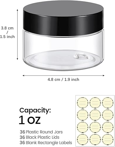 Miniatura 2 de TUZAZO - Paquete de 36 frascos pequeños de plástico de 1 onza con tapas y etiquetas sin BPA, recipientes vacíos redondos transparentes para