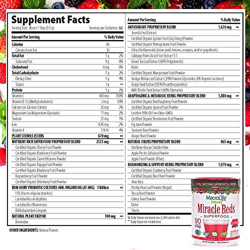 MacroLife Naturals Miracle Reds Superfood Supplement Powder Antioxidants Polyphenols Enzymes Probiotics - Raw Non-GMO Organic Vegan Gluten & Dairy Free - 30oz (90 Servings) - Thumbnail 2