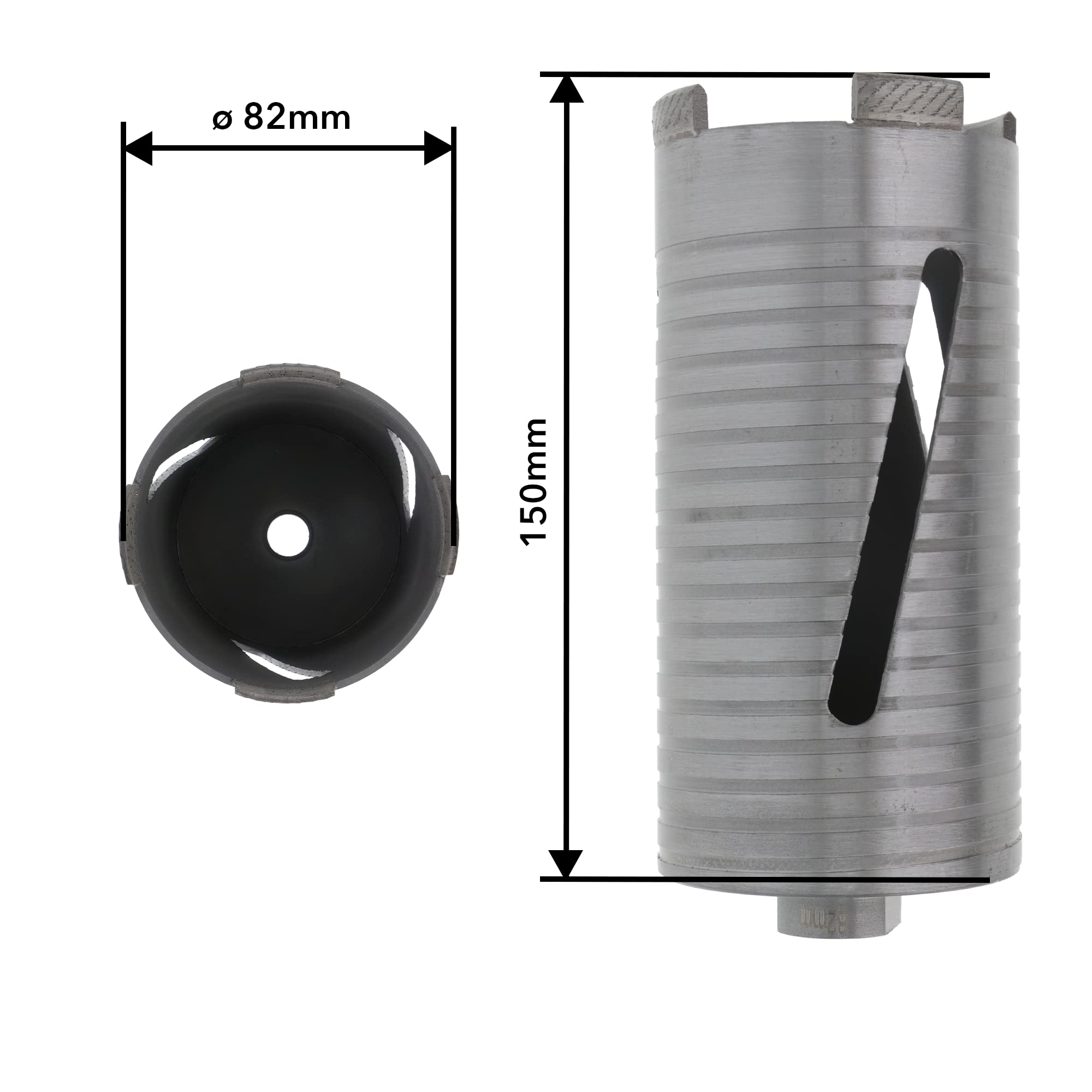PRODIAMANT Diamentowa wiertnica rdzeniowa ø 82 mm długość efektywna 150 mm z adapterem sześciokątnym do wiertarek, segmenty spawane laserowo do wiercenia na sucho