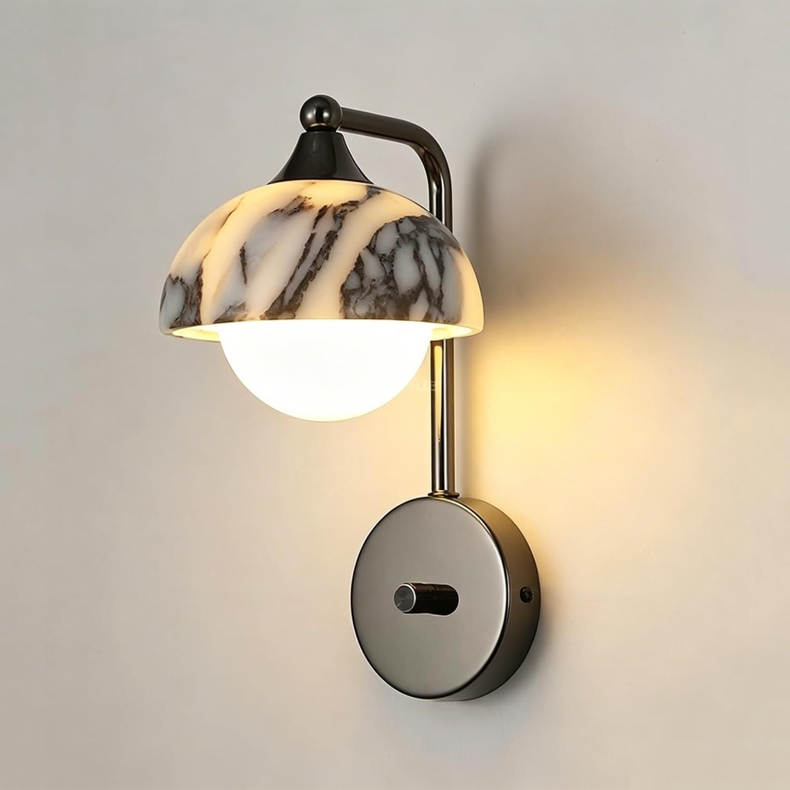 Applique da Parete per Interni, Camera da Letto, corridoio, Moderna, in alabastro con Interruttore Rotante, Lampada nordica in Pietra Effetto Marmo con Base in Metallo Nero, Attacc