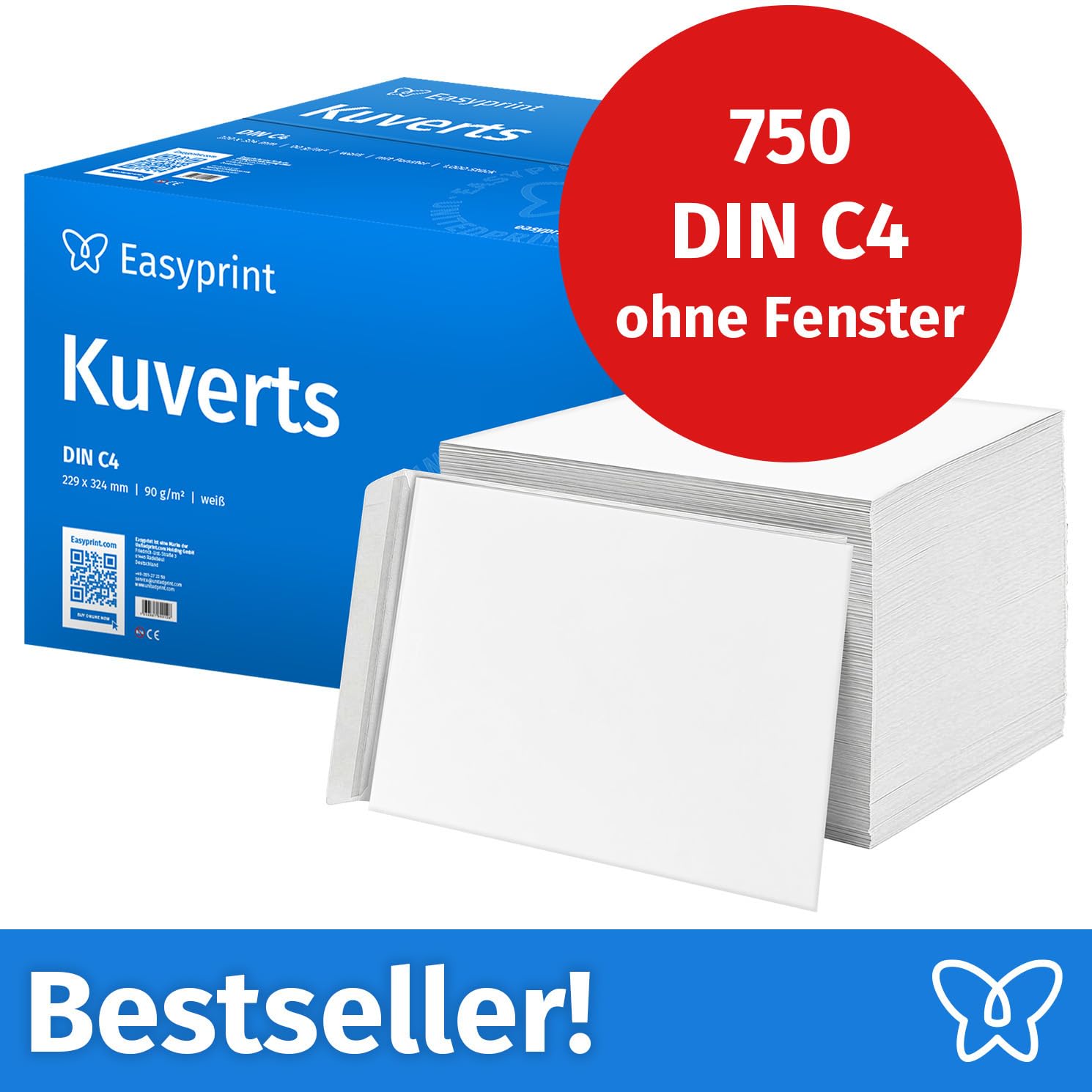 NEU: Easyprint Briefumschläge ohne Fenster, DIN C4, unbedruckt, 750 Stück