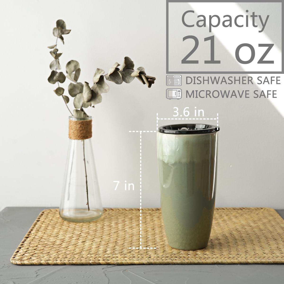 Bosmarlin Taza de café de viaje de cerámica con tapa, 21 onzas, taza de café portátil para portavasos de coche, apta para microondas, esmalte reactivo (verde pálido)