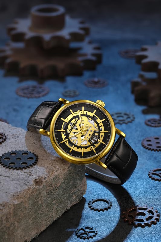 Image of Giordano Analog Quartz Watch for Men with Skeleton Round Dial, Date Function, Luminous Hands and Markers, Leather & Stainless Steel Strap - GZ-50182
