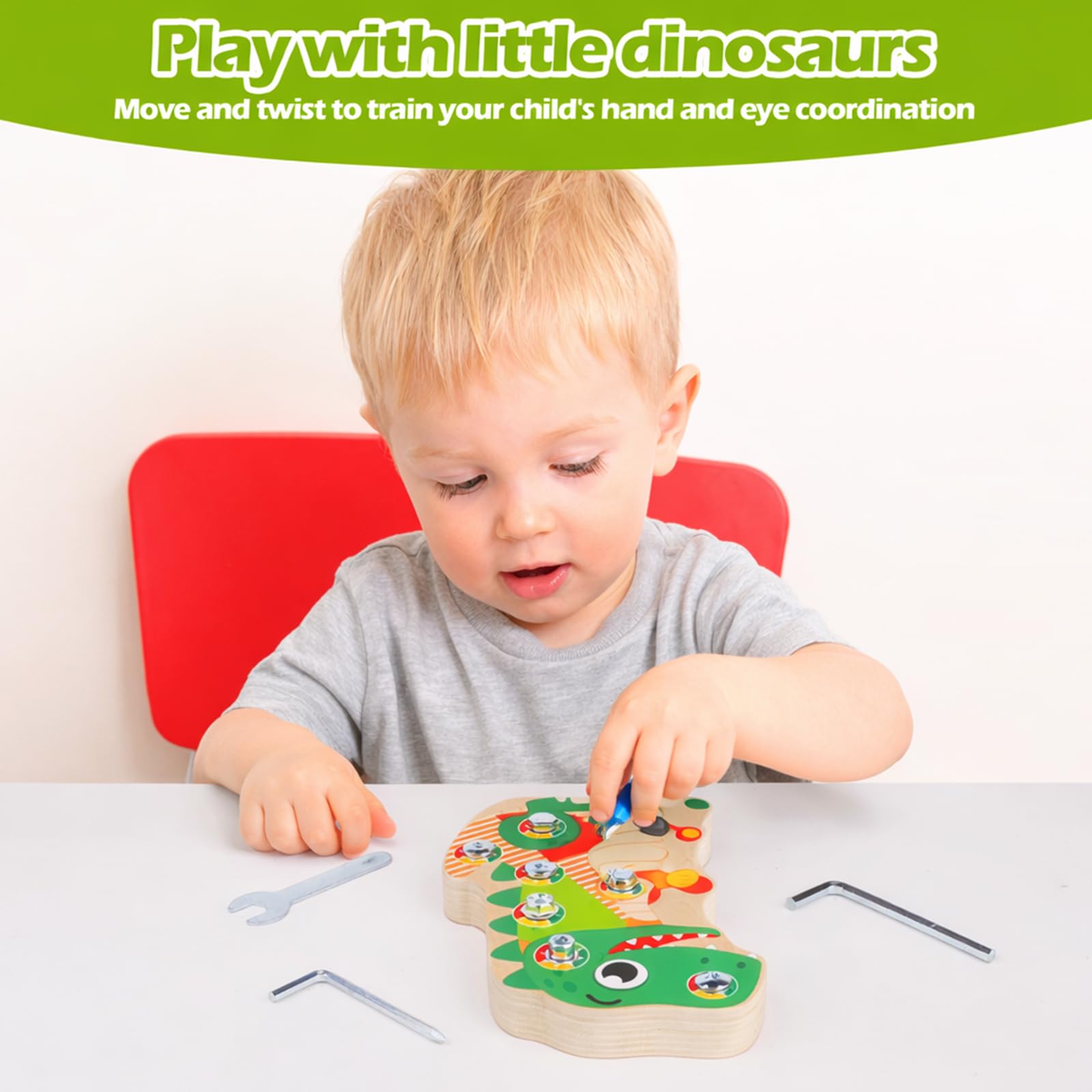 Liangding Montessori Dinosaur Screw Board Toy, Wooden Busy Board with 8 Screws & Tools - Image 3