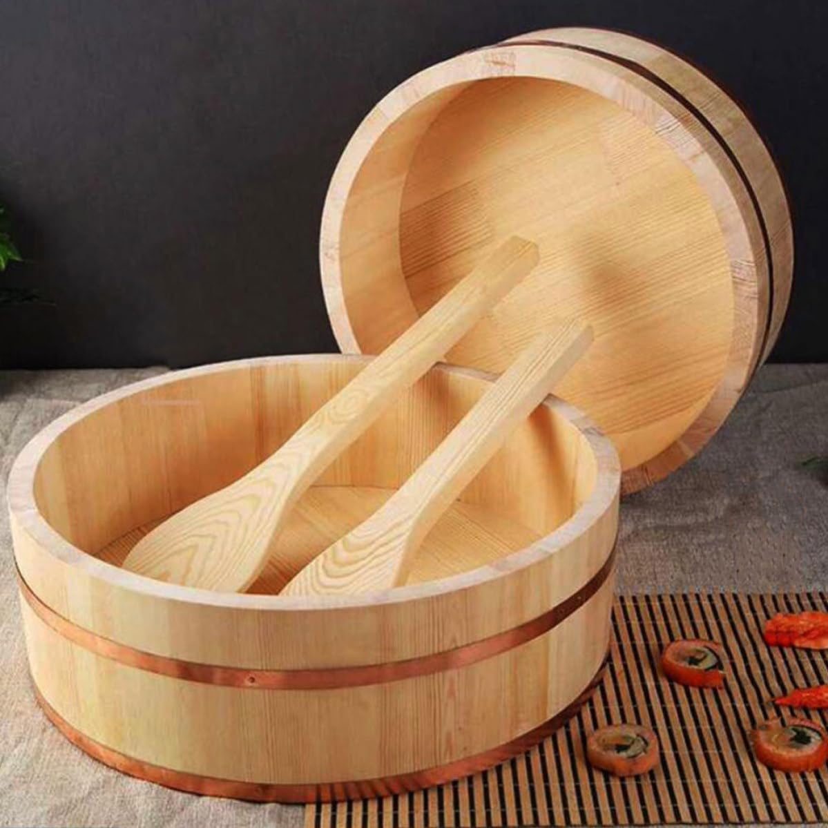 Seau à Sushi Rond en Bois et Cuivre, Grand Format Cuisine Japonaise