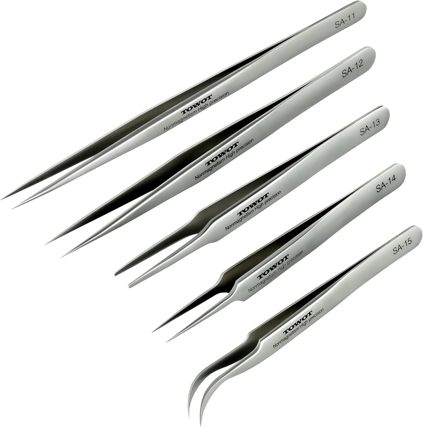 TOWOT Precision Tweezers, 5 PCS Stainless Steel, Non-Magnetic, Heat Resistant, Curved, Jewelry, Electronics, Craft, Soldering, Experimental Work