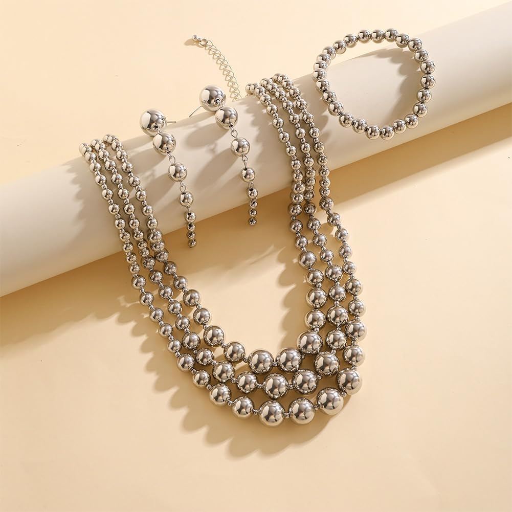 Chunky Bead Necklace for Women Plated Gold Silver Ball Bead Beaded Stretch Bracelet Long Chain Bead Drop Dangle Earrings Jewelry Set - Image 4