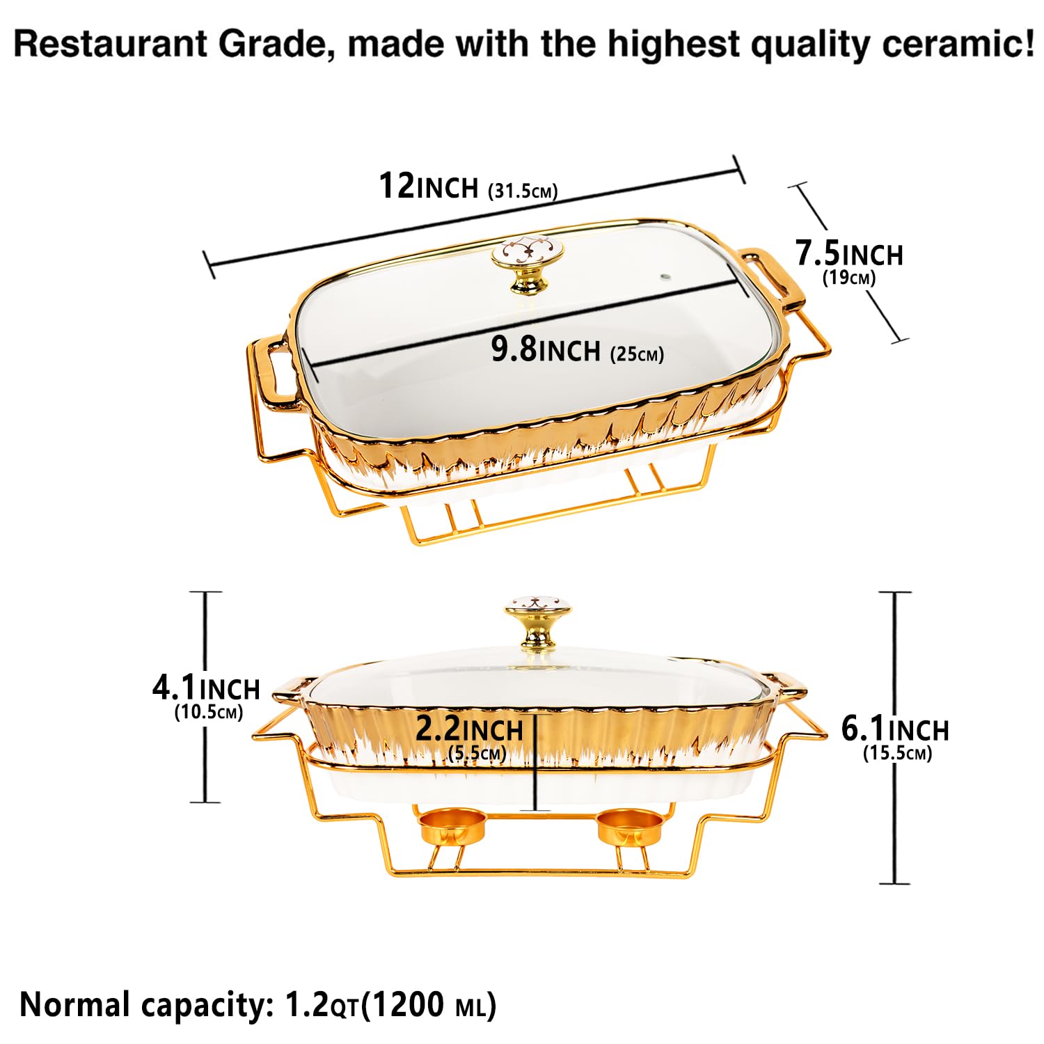 LIUYWYHCF Ceramic Casserole Baking Dish With Glass Lid and golden rack, 12 Inch Lasagna Pan Deep for Oven, 1.2 Quarts Baking Pan with Handles, Oven Safe & Durable Bakeware for Home Decor