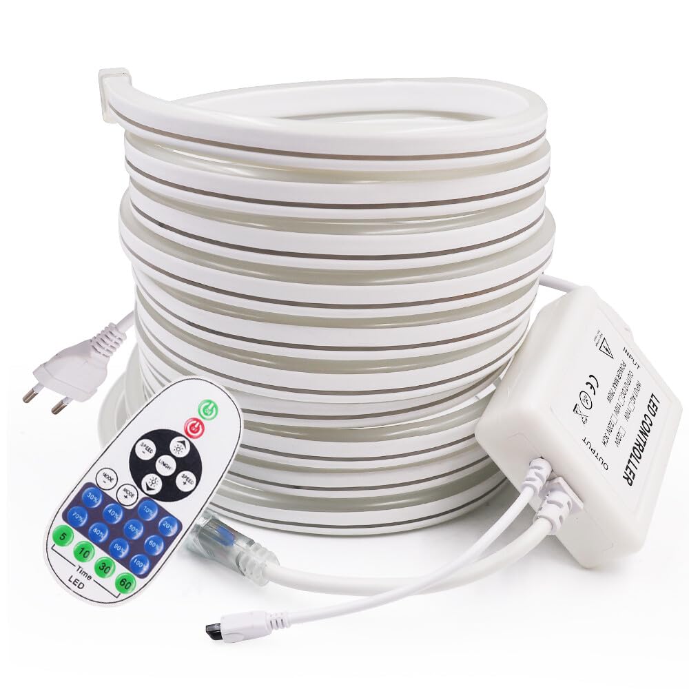 Tira LED de neón regulable 220V [14M, Blanco 6000-6500K], flexible e impermeable IP65, SMD2835, 120 LEDs/m Tira LED recortable CRI85+, iluminación decorativa para hogar y tienda