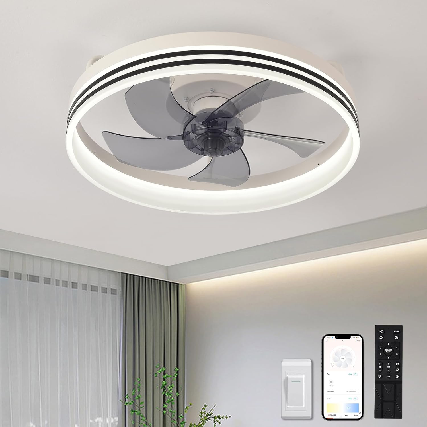 Ceiling Fan with LED Light 40 W, 50 cm Silent Ceiling Fan with Remote Control and Wall Control, 4320LM Brightness Dimmable, 6 Speeds, Smart Memory, for (White)