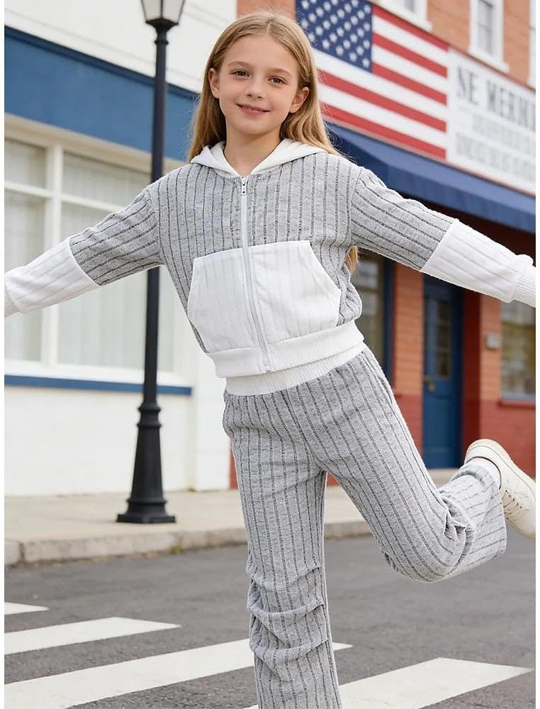 Sizes 7-14 Years Girls 2 Piece Outfit Crop Zip Hoodies & Loose-Fit Pants Treen Girls Fall Winter Clothing Set - Image 8