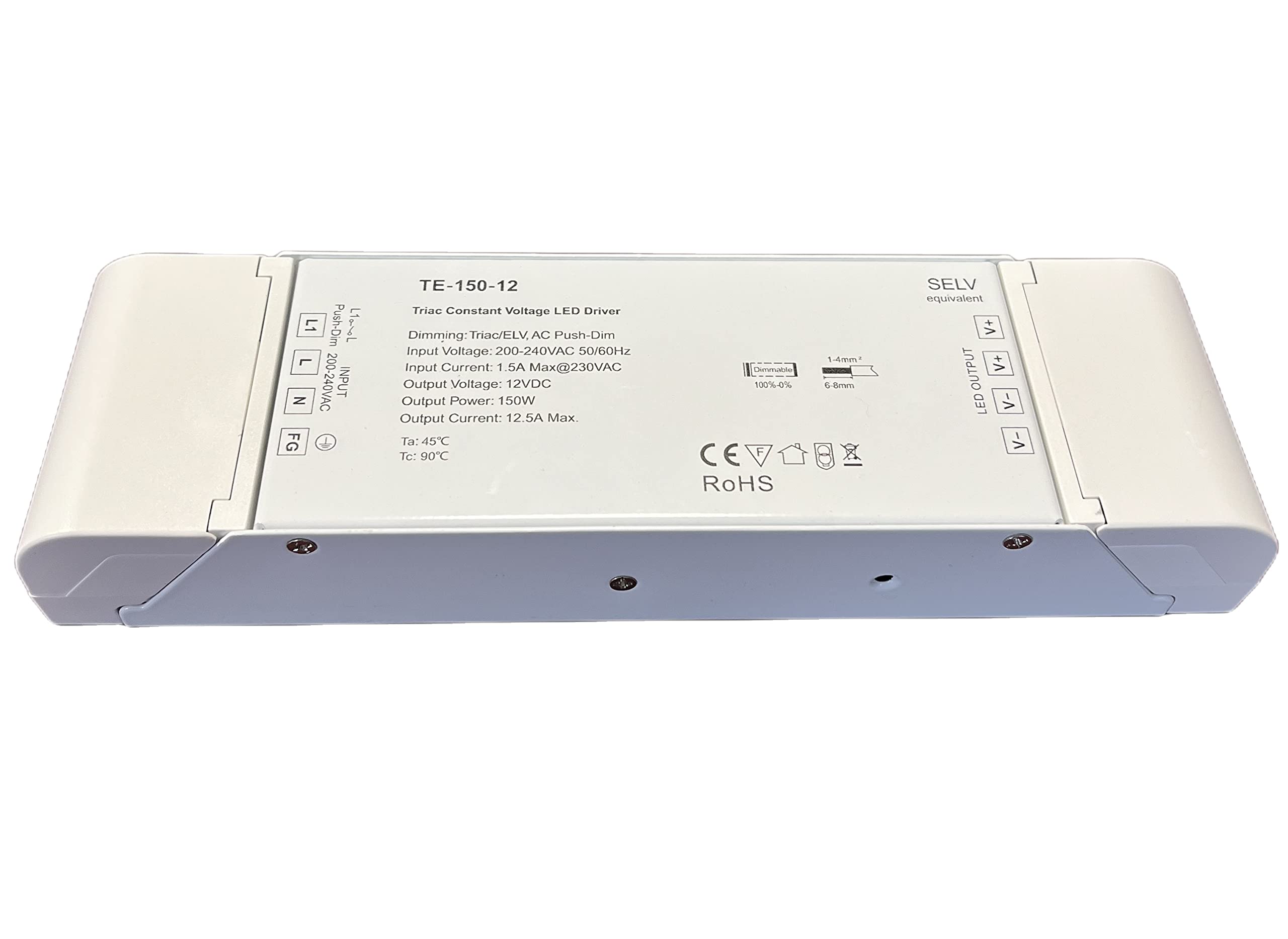 LEDLUX Trasformatore Dimmerabile, 12V 150W, Alimentatore CV, Triac ELV Pulsante N.O. (Push Dimmer), Varialuce Su 220V, Per Striscia Led 12V