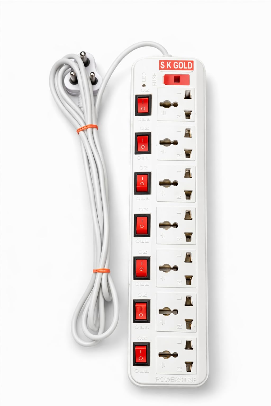 sk gold 6 socket extension board with individual switches, universal power strip with heavy duty cable & 3 pin plug, multi plug board for home, office, computer, tv, laptop & mobile charging (white)