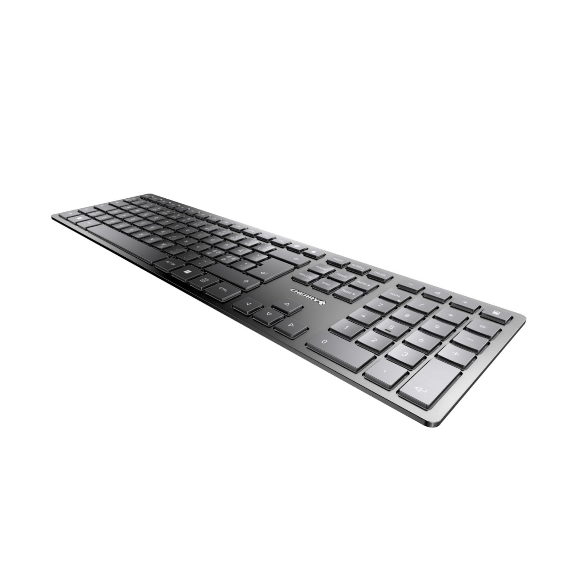 CHERRY KW 9100 SLIM, Tastiera di design Senza Fili, per i Paesi Nordici QWERTY, A scelta Connessione Bluetooth o Wireless 2,4 GHz, Tasti Piatti, Ricaricabile, Nero-Grigio, Windows