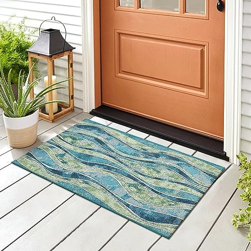 Liora Manne ESENCIA Indoor/Outdoor Power Loomed Latex Back Non Slip Mat - Contemporary Stripe Casual Ocean Colorful (Wave Ocean) (2'5" x 3'11")