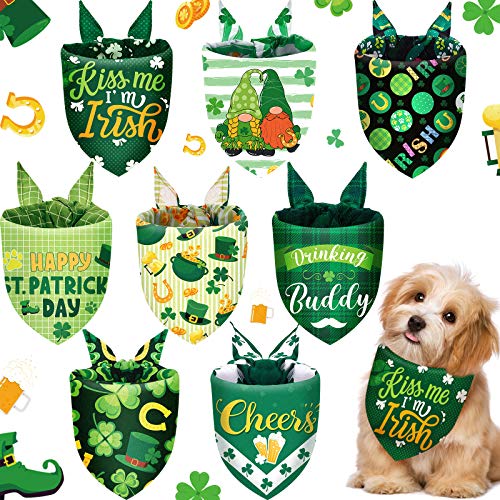 8 Pieces St. Patricks Day Bandanas Holidays Dog Scarf Shamrock Rainbow Pets Triangle Bibs Lucky Charm Plaid Washable Dog Pet Scarf for Pets Festival Costume Supply (Shamrock Pattern,Small)