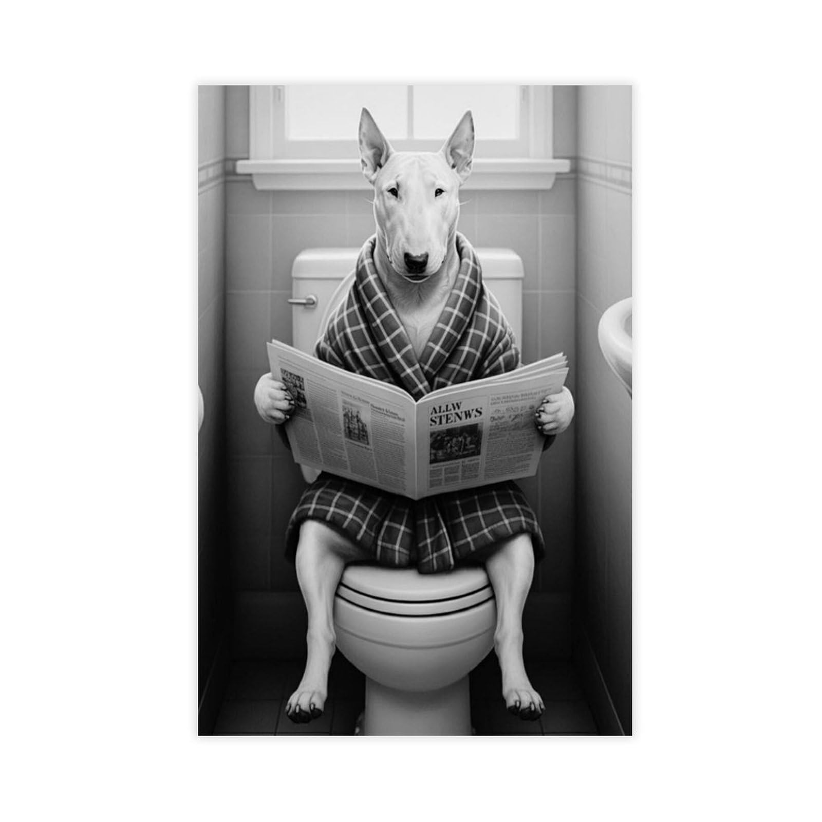 MGHDGD Bull Terrier on Toilet Reading Newspaper Canvas Poster Wall Art Decor Print Picture Paintings for Living Room Bedroom Decoration 12x18inch(30x45cm)