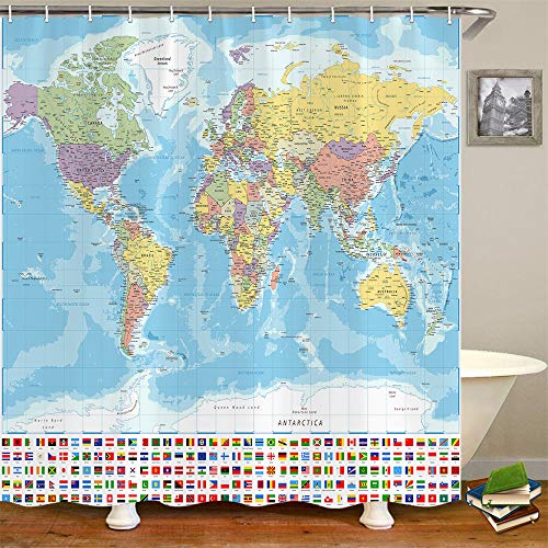World Map Shower Curtain, World Map with Countries and Major Cities National Flag Bathroom Curtain, Educational World Map Fabric Bathroom Shower Curtain with Hooks, Kids Bathroom Decor 69x70 Inches