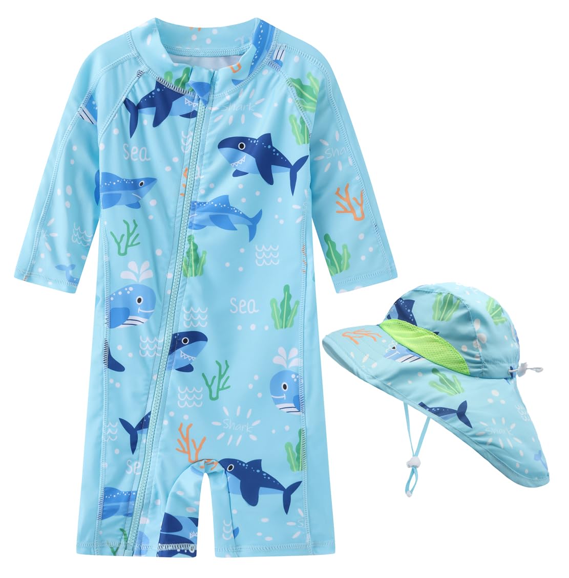 Baby Boy Swimsuit Rash Guard Toddler Sun Protection Swimwear Infant One Piece Bathing Suit with Sun Hat?Sea Shark,12-18Months?