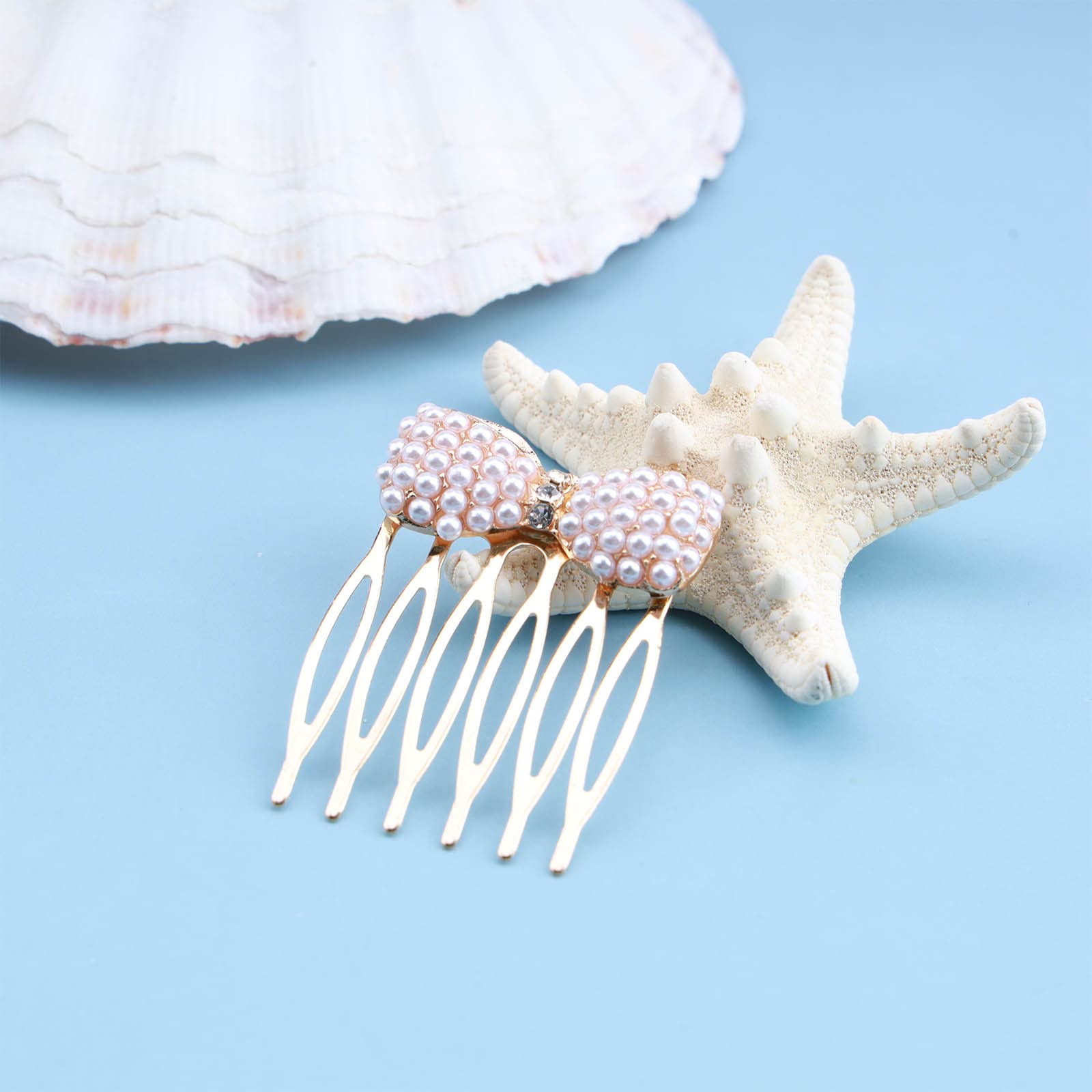 Aneneiceera Boho Gypsophila Hair Comb Barrette Gold Rhinestone Pearl Bow Hair Comb Retro Hair Barrette Decorative Daily Wearing Hair Comb Hair Bobby Pins Wedding Hair Accessories for Women and Girls - Image 2