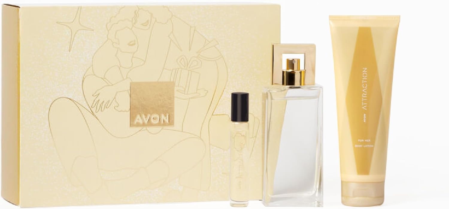 Avon Aantrekkelijkheid voor haar driedelige cadeauset met Eau de Toilette 50ml Body Lotion 125ml en portemonnee spray 10ml in een geschenkdoos, fruitige en muskus geurnotities, langdurige formule,