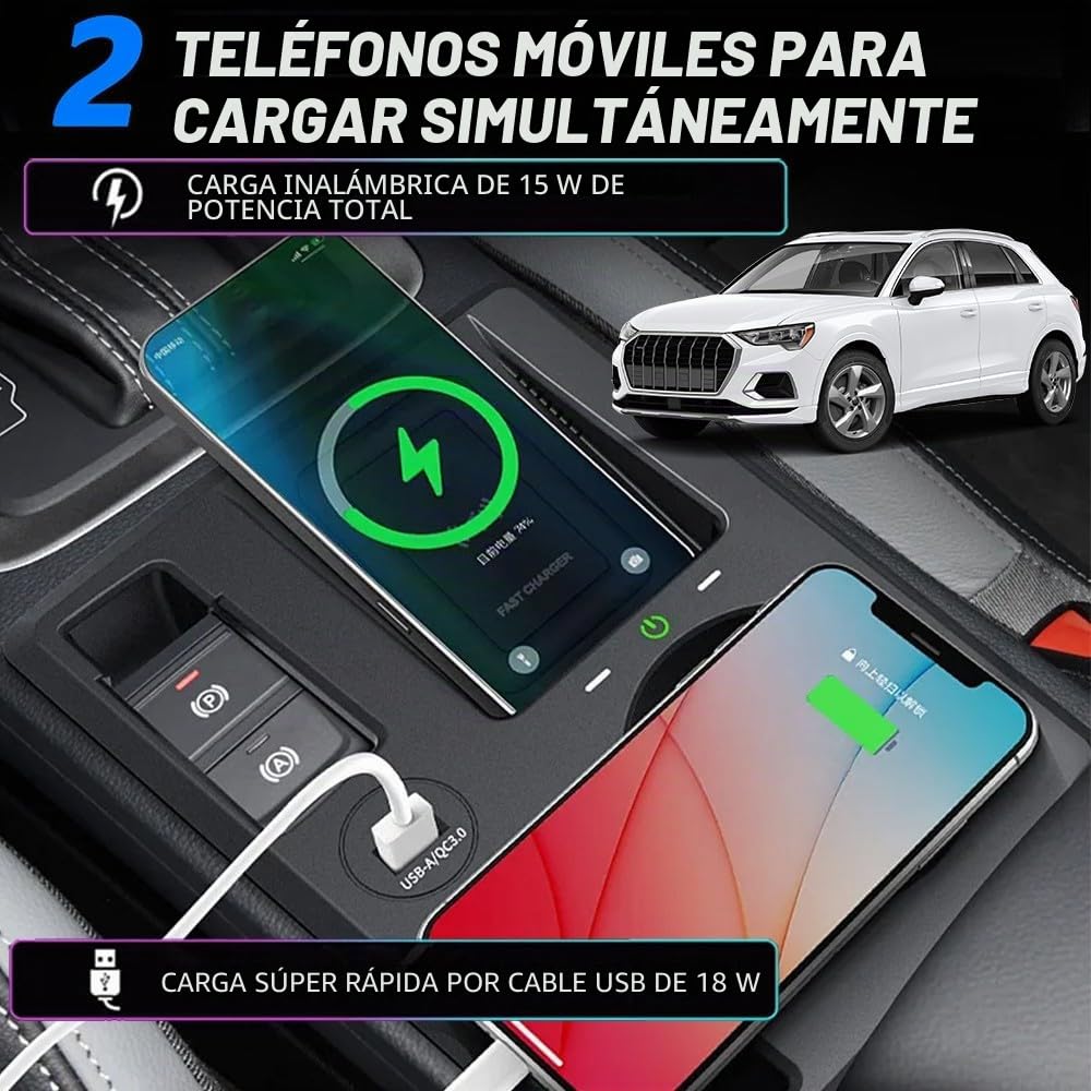 Cargador de Coche Inalámbrico para Audi Q3 Sportback RS Q3 2019-2024, Organizador de Consola Central Multifuncional con QC3.0 USB Carga Rápida Coche Teléfono Cargador para Audi Q3 Accesorios