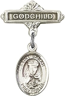 Sterling Silver Baby Badge with St. Sarah Charm and Godchild Badge Pin 1 X 5/8 inches