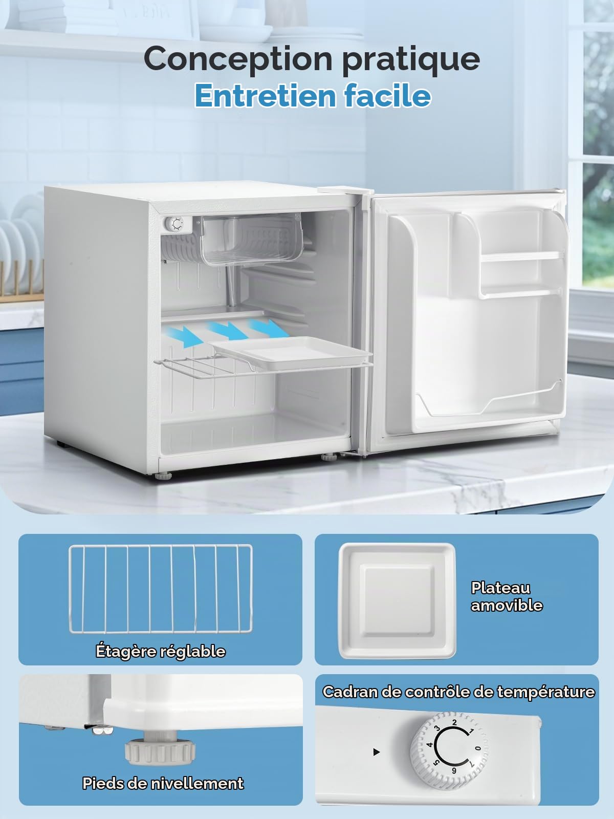 FOHERE Mini Réfrigérateur 46L, Petit Frigo Compact et Thermostat Réglable, Silencieux, Porte Réversible, Faible Consommation d'Énergie, Idéal pour Cuisines, Bureaux et Salons,Blanc