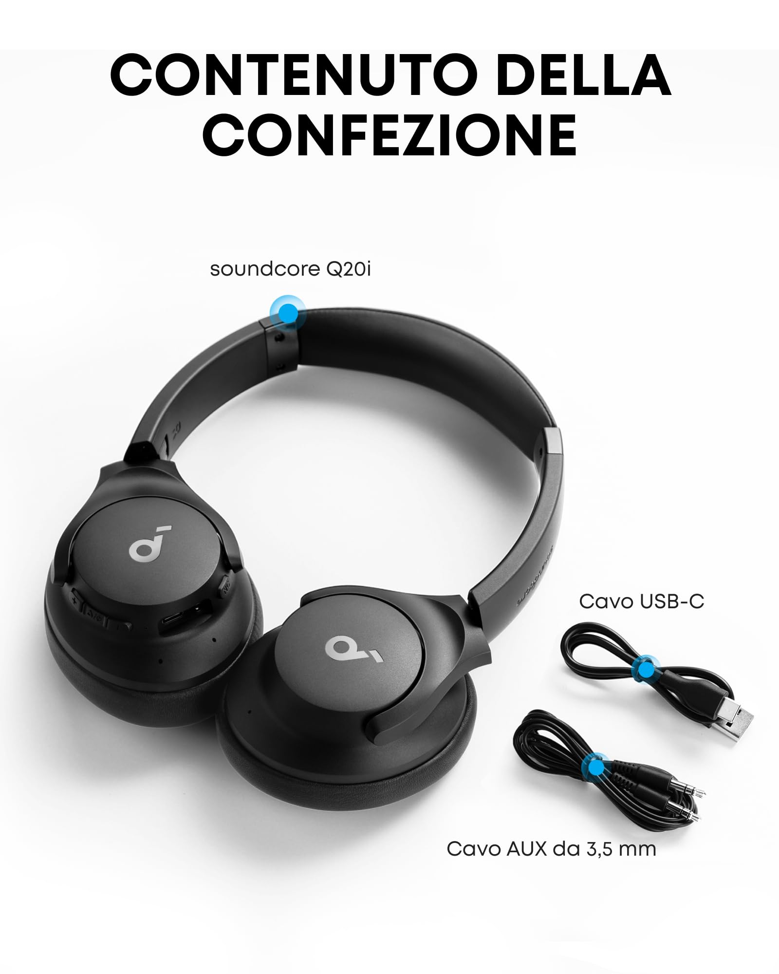 soundcore by Anker Q20i - Cuffie wireless Bluetooth over-ear con cancellazione ibrida attiva del rumore, 40 ore di riproduzione in modalità ANC, personalizzazione tramite app (nero)(ricondizionato)