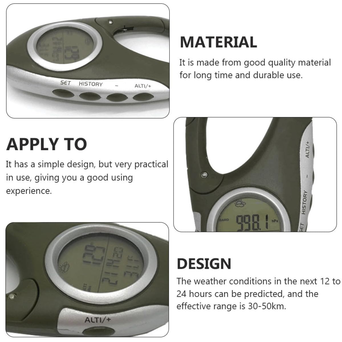 TOYANDONA Altimetro Portatile Barometro Termometro da Alpinismo Termometro da Arrampicata Moschettone Altimetro Moschettone Termometro Termometro Portatile Verde ABS