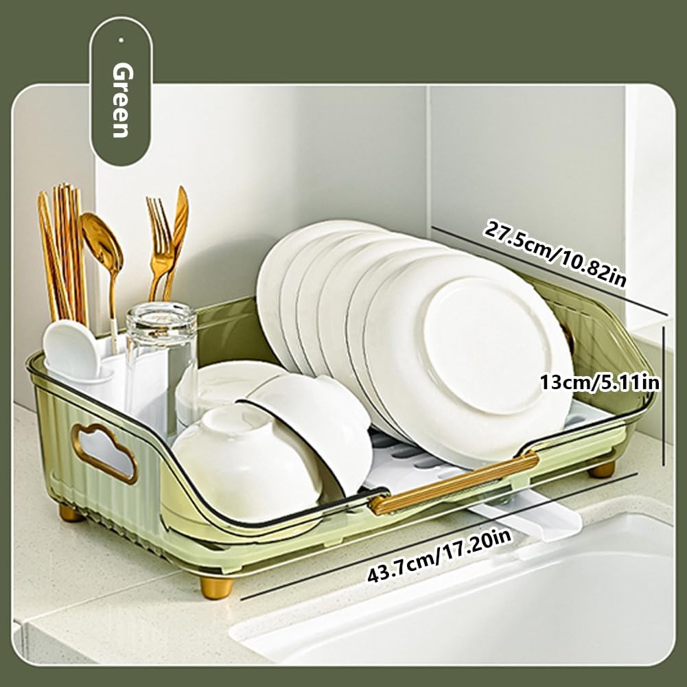 Dish Drying Rack for Kitchen Counter, Dish Rack with Automatic Drainage System, Rustproof Dish Drainer Tray with Detachable Utensil Holder Transparent