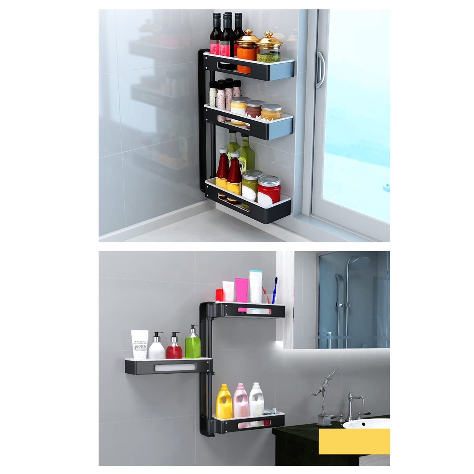Estante de Cocina de 3 Capas, Estante Giratorio para Especias, Ajustable para Espacio de Cocina y Baño, Aluminio, Blanco y Negro, 59,4x35x13cm