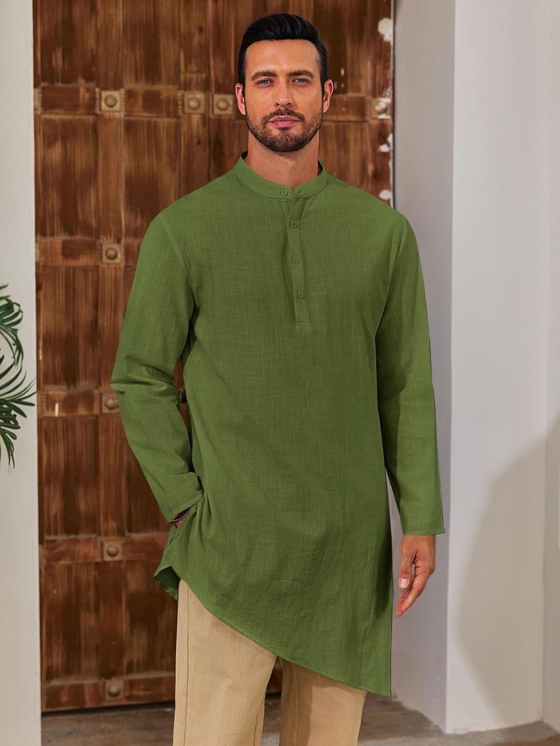 Runcati Mens Kaftan Robe Thobe Cotton Long Sleeve Henley Shirt Casual Muslim Gown Kurta Tops - Image 2