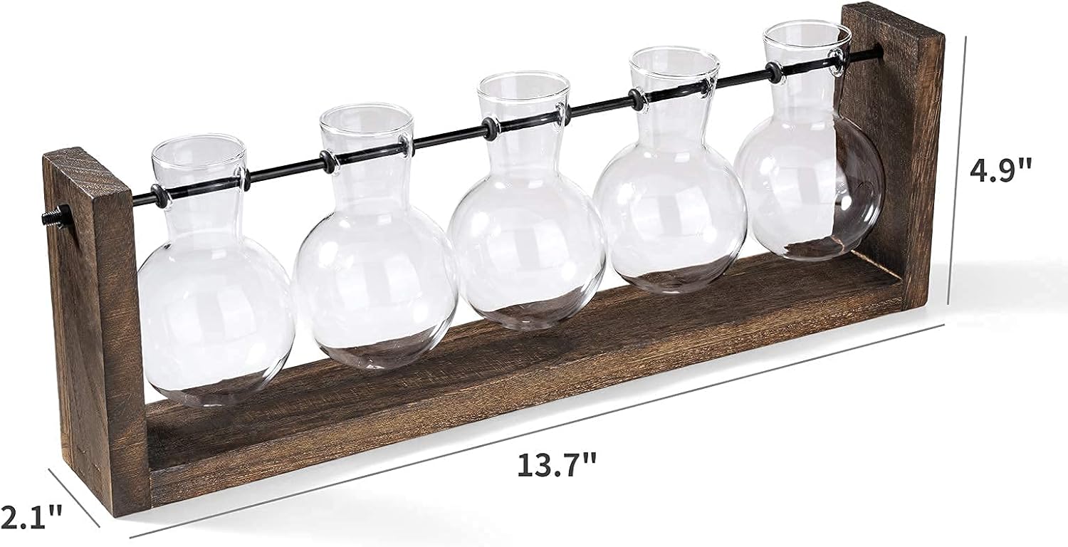 Mkono Plant Terrarium with Wooden Stand, Wall Hanging Glass Planter Desktop Propagation Bulb Vase Metal Swivel Holder Retro Rack for Hydropoincs Plants Home Office Decor（5 Bulb Vase）