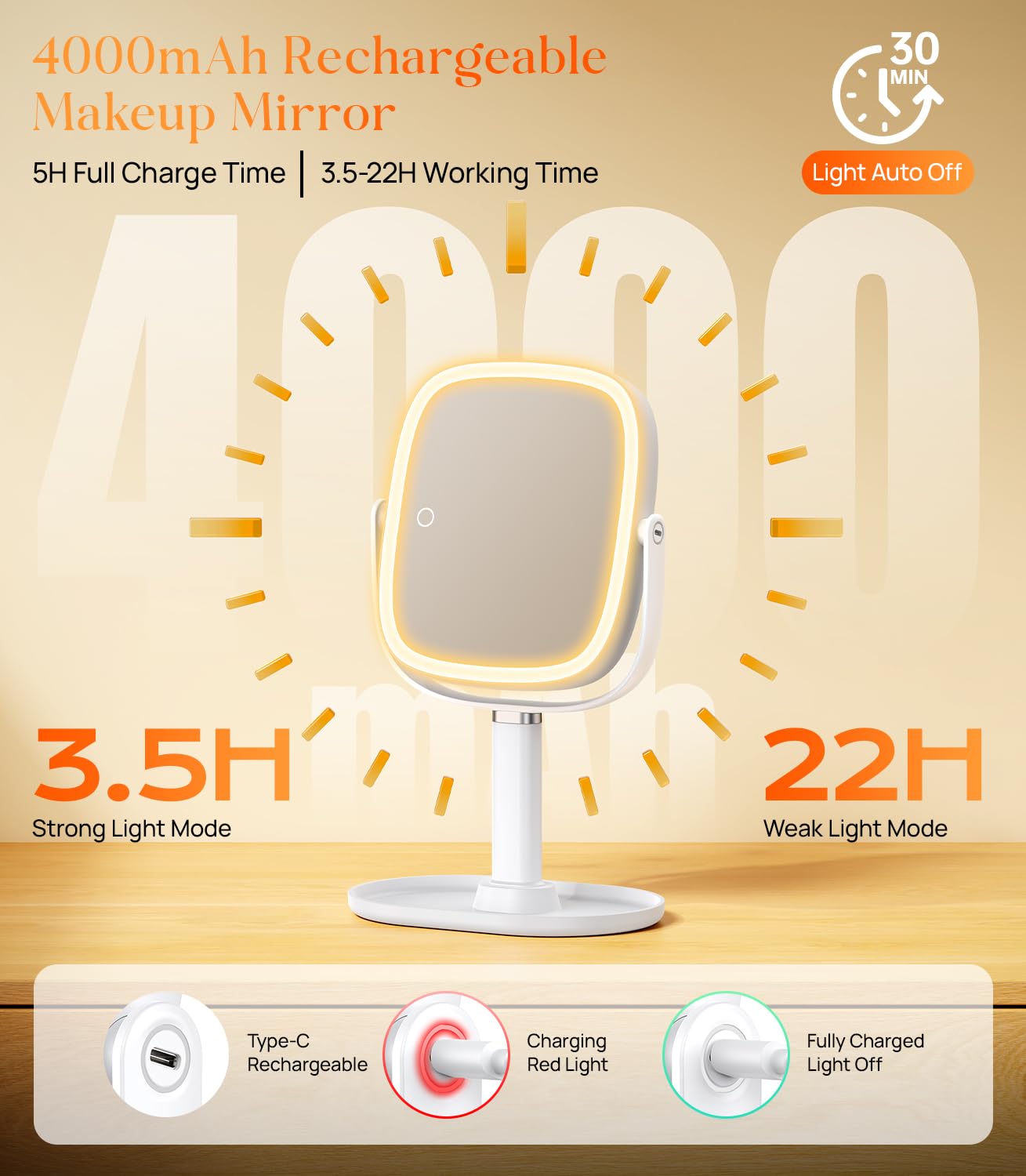 Gospire Espejo de maquillaje iluminado con luces y aumento 1X/10X, base de bandeja y altura ajustable para escritorio, batería recargable de 4000 mAh, 3 luces de color y función de memoria para