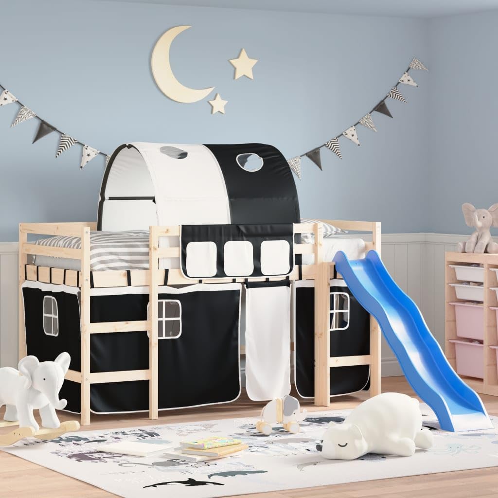 Vorhänge für Hochbett mit Tunnel in Weiß und Schwarz aus Polyester für Kinderzimmer, inklusive Aufbewahrungstaschen, Befestigungshilfen und langlebiges Material
