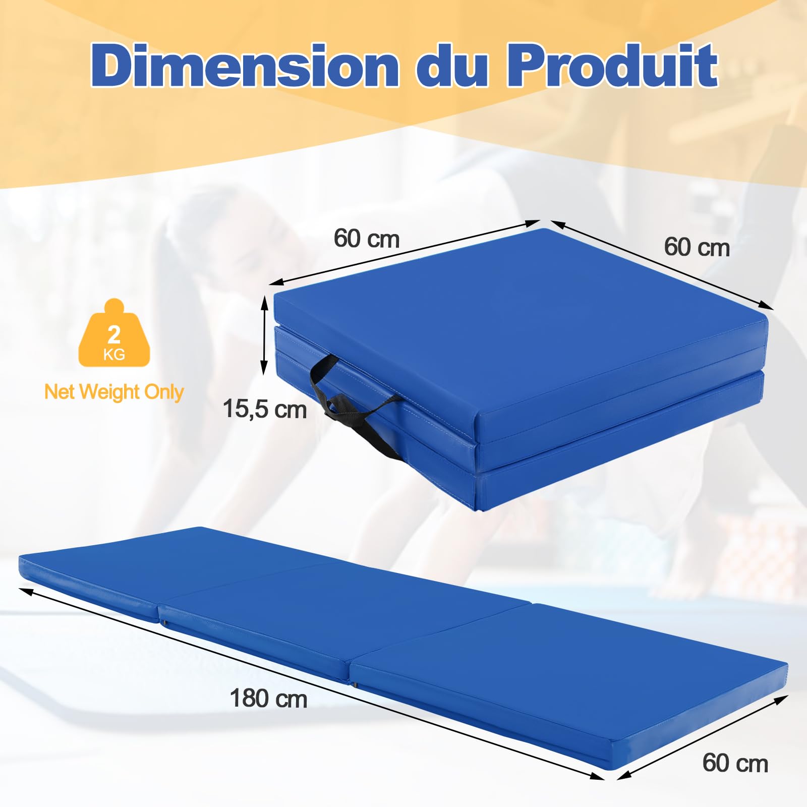 GYMAX Tapis de Gymnastique Épais Pliable 180x60x5cm, Combinaisonable avec Attache Auto-Agrippante, Housse en Simili Cuir, Portable avec Poignées de Transport, pour Yoga, Fitness, Étirement
