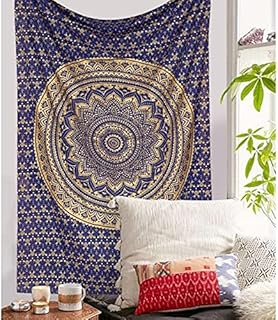 raajsee Blue Gold Mandala Tapestry for Bedroom- Aesthetic Tapestry - Indie Wall Tapestry Hippie Room Decor - Boho Tapestrys Trippy Tapestry Wall Hanging 52x60 Inches