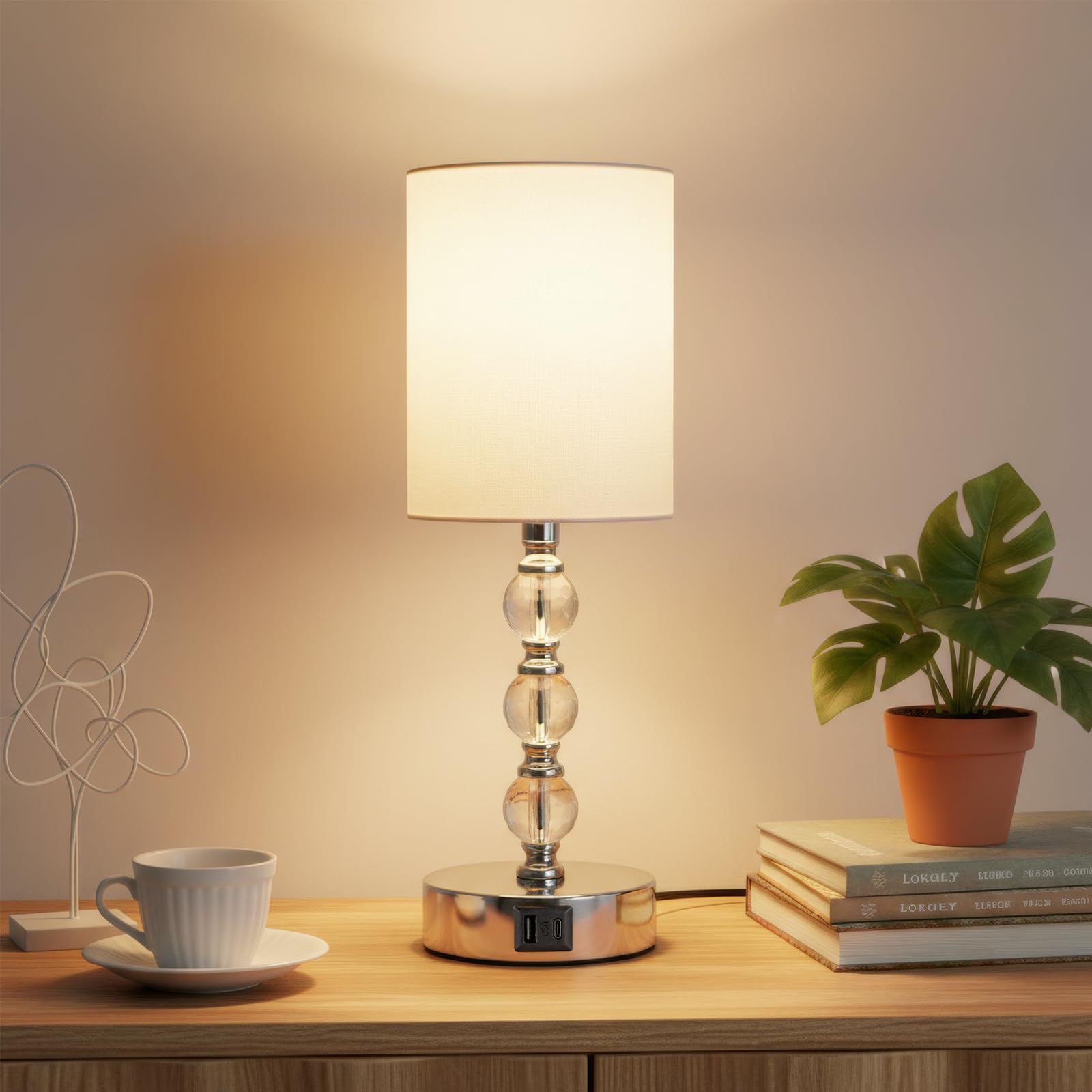 EVERGOODS Touch Table Lamp, Crystal Bedside Lamp with 3-Way Dimmable Touch Control, USB-C & USB-A Charging Ports, White Fabric Shade Bedside Light for Bedroom, Living Room, Dorm (White)