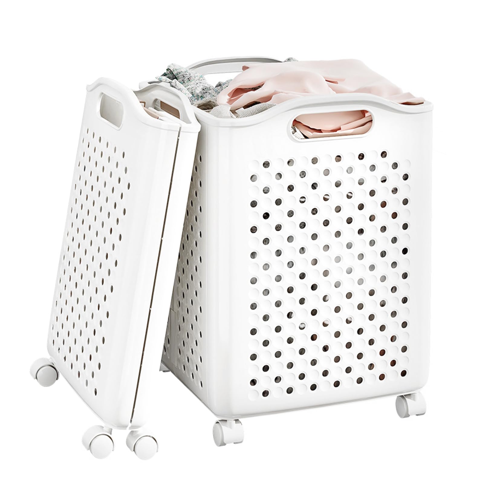 Panier à linge pliable à roulettes 57L : grand bac à linge blanc nacré rétractable et mobile