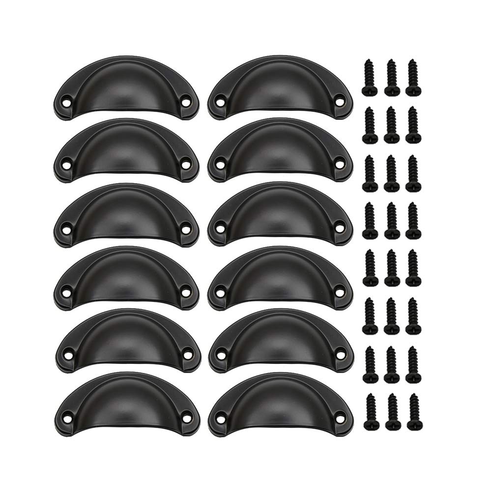 Dreneco 12pcs Shell Cup Handles Iron-Nickel Alloy Half Moon Vintage Cupboard Door Drawer Cabinet Handles Knobs with Screws (Black)