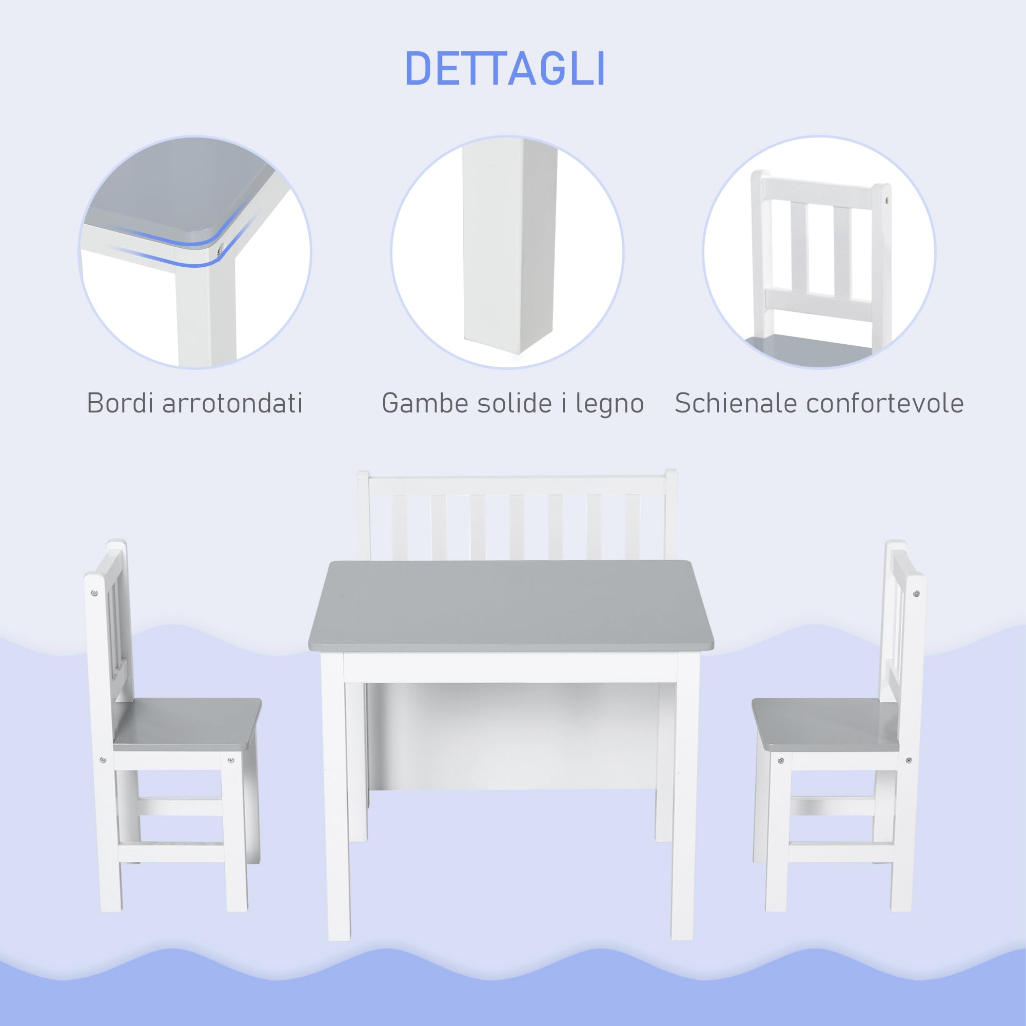 HOMCOM Set 4 Pezzi con Tavolo per Bambini, 2 Sedie e Cassapanca, Arredamento Cameretta, Tavolino con Sedie per Bambini in Legno Multiuso, Bianco e Grigio