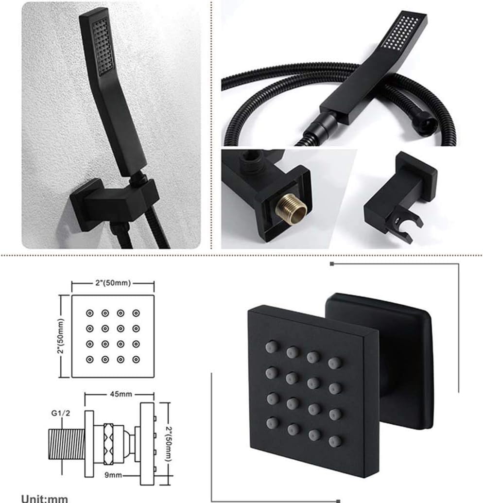 Shower Set in-Wall Black Concealed Shower Set 12 Inch Canopy Top Spray Hot and Cold Embedded Control Valve Practical Bathroom