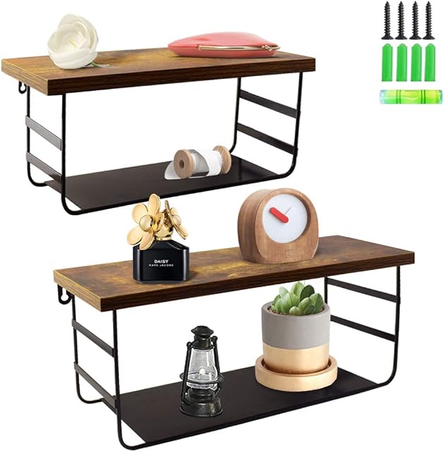 Amazon Brand - Umi Wall-Mounted Floating Shelves with Rustic Design, 2-Pack, Floating Storage with Double Layer for Bathroom, Kitchen and Living Room
