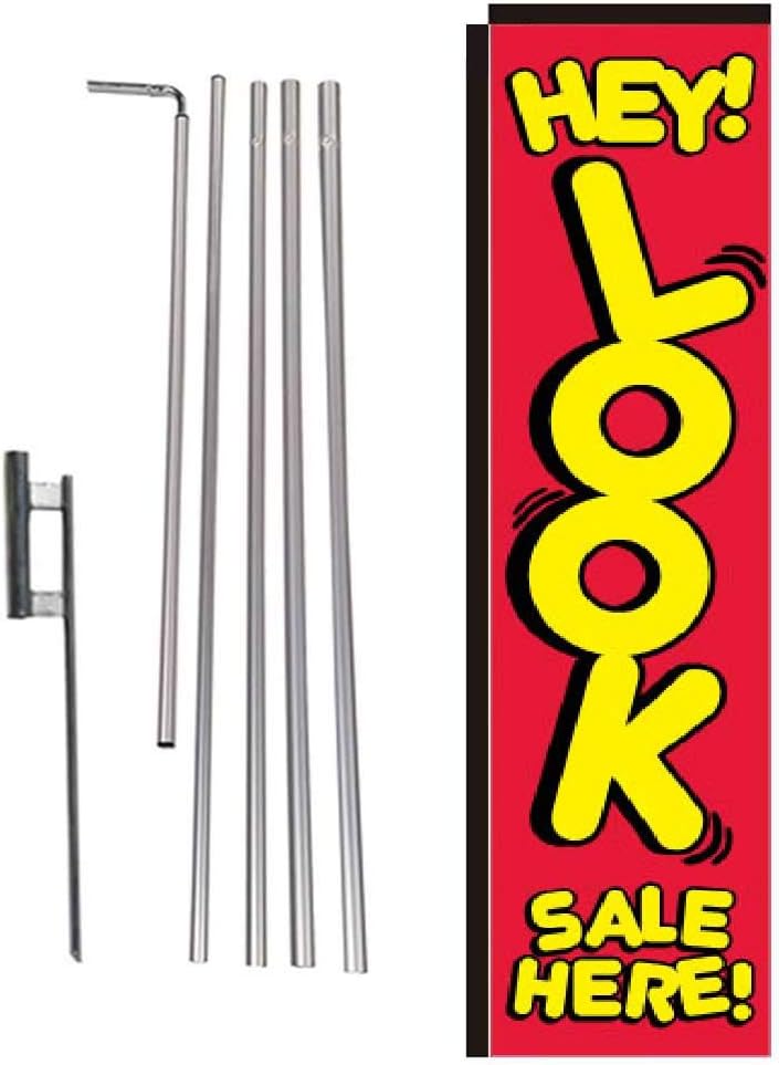 Hey Look Sale Here Advertising Rectangle Feather Banner Flag with Pole Kit and Ground Spike for New and Used Auto Dealership Car Lots by Feather Flag Nation