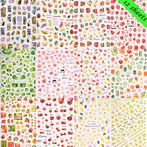 12 Sheets Fruit Nail Art Stickers Decals Summer Colorful Nail Decals 3D Self-Adhesive Nail Art Supplies Lemon Cherry Strawberry Papaya Kiwi Fruit Design Nail Accessories For Women Nail Decorations #TOP6