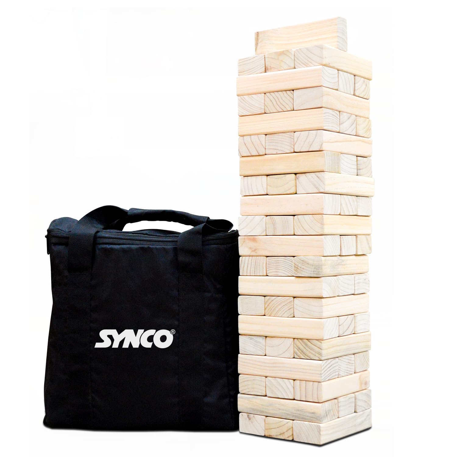 Synco Wooden Jumbo High Tower - Giant Tumbling Tower Game with Natural Pine Wood | Outdoor Garden Game for Family, Friends & Parties | Sturdy, Fun & Competitive Wood Blocks