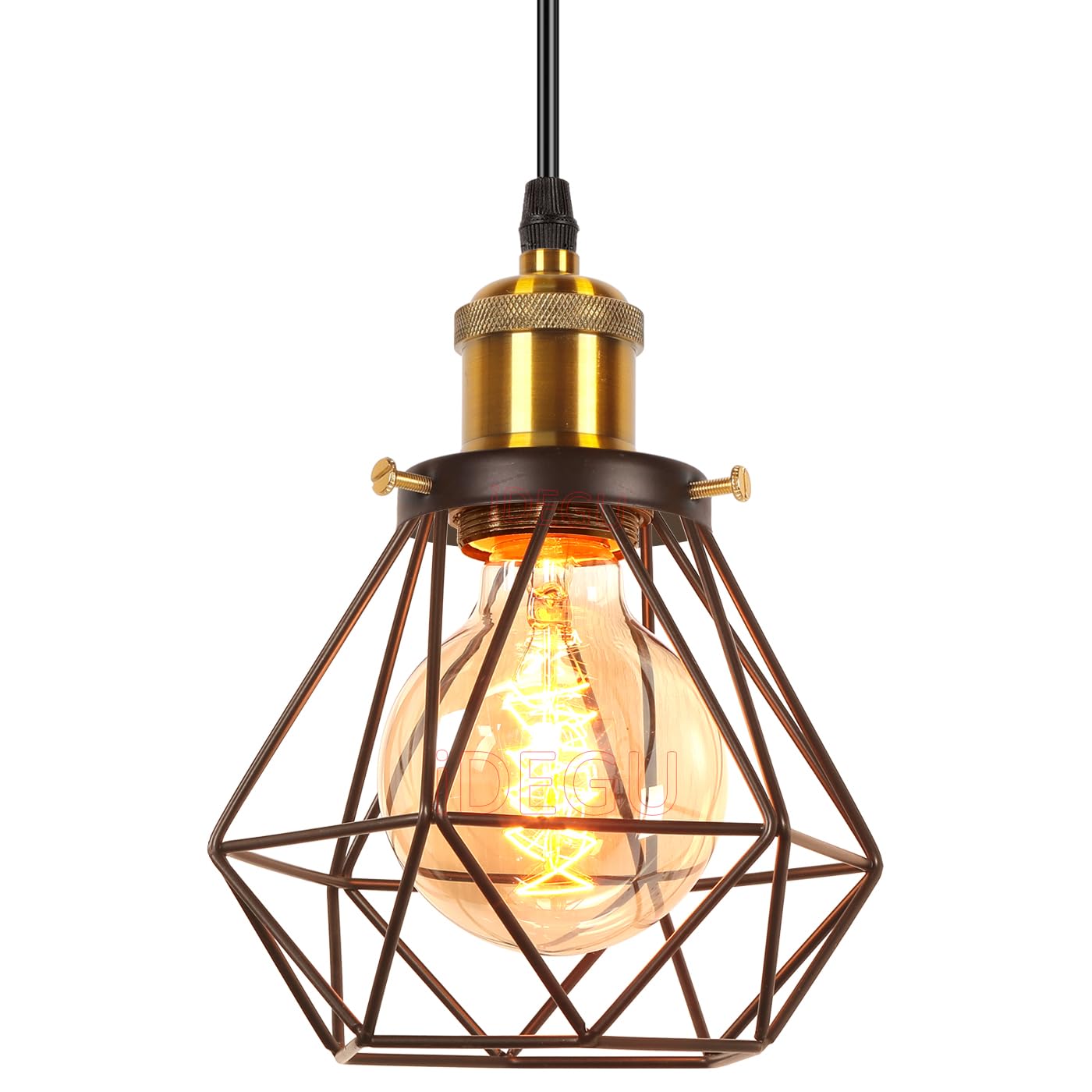 iDEGU Vintage Ceiling Pendant Light Fitting, 16cm Geometric Cage E27 Industrial Hanging Light Fixture Metal Chandelier Lamp Shade for Bedroom Living Room Dining Room (Black+Brass, 1-Light) — image 1