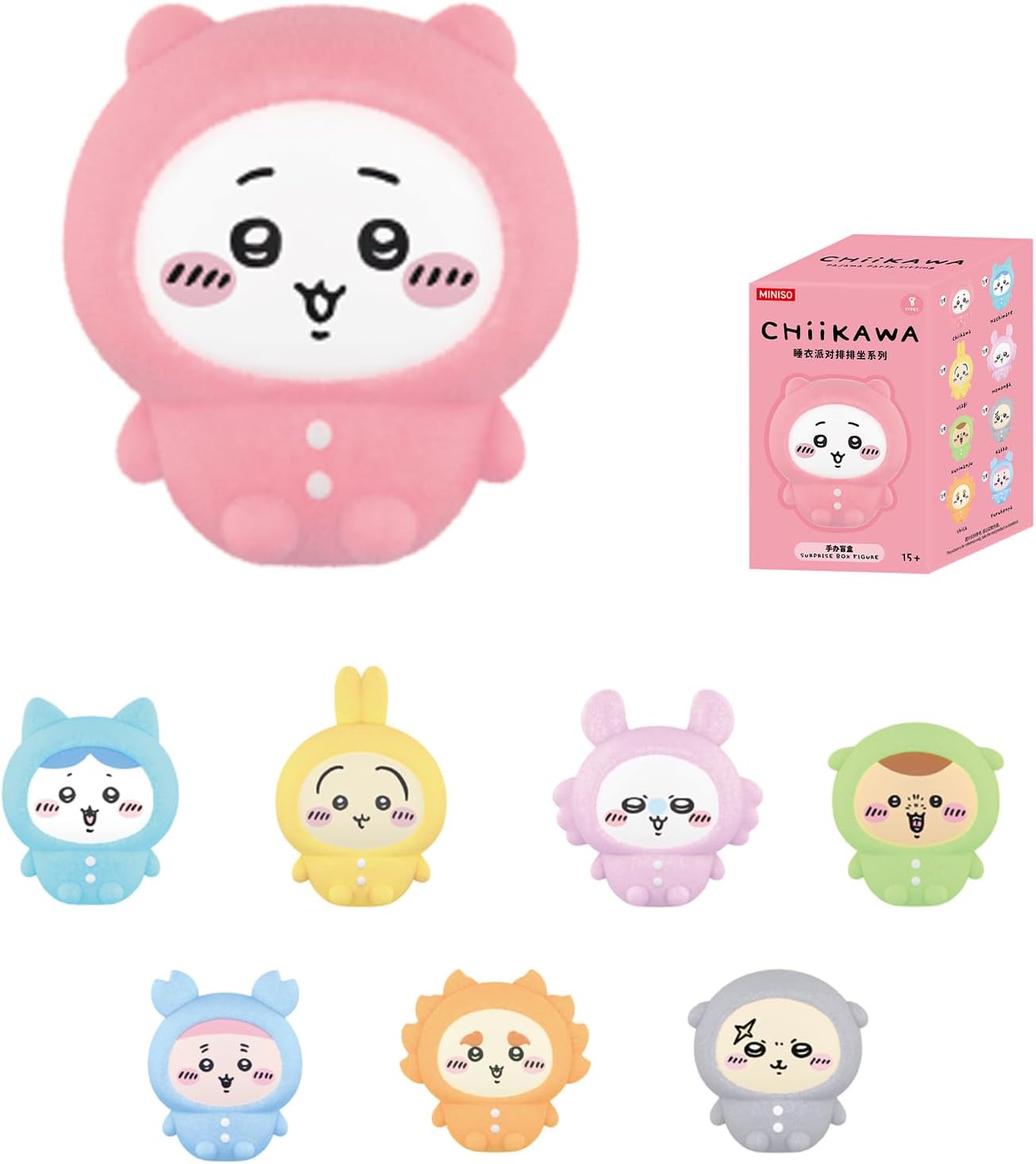 MINISO Chiikawa Plush-Style Pajama Party Sitting Together Collectible Blind Box, Single Box, Cute Anime Figure Set for Desk & Shelf Display, Soft Touch Decor